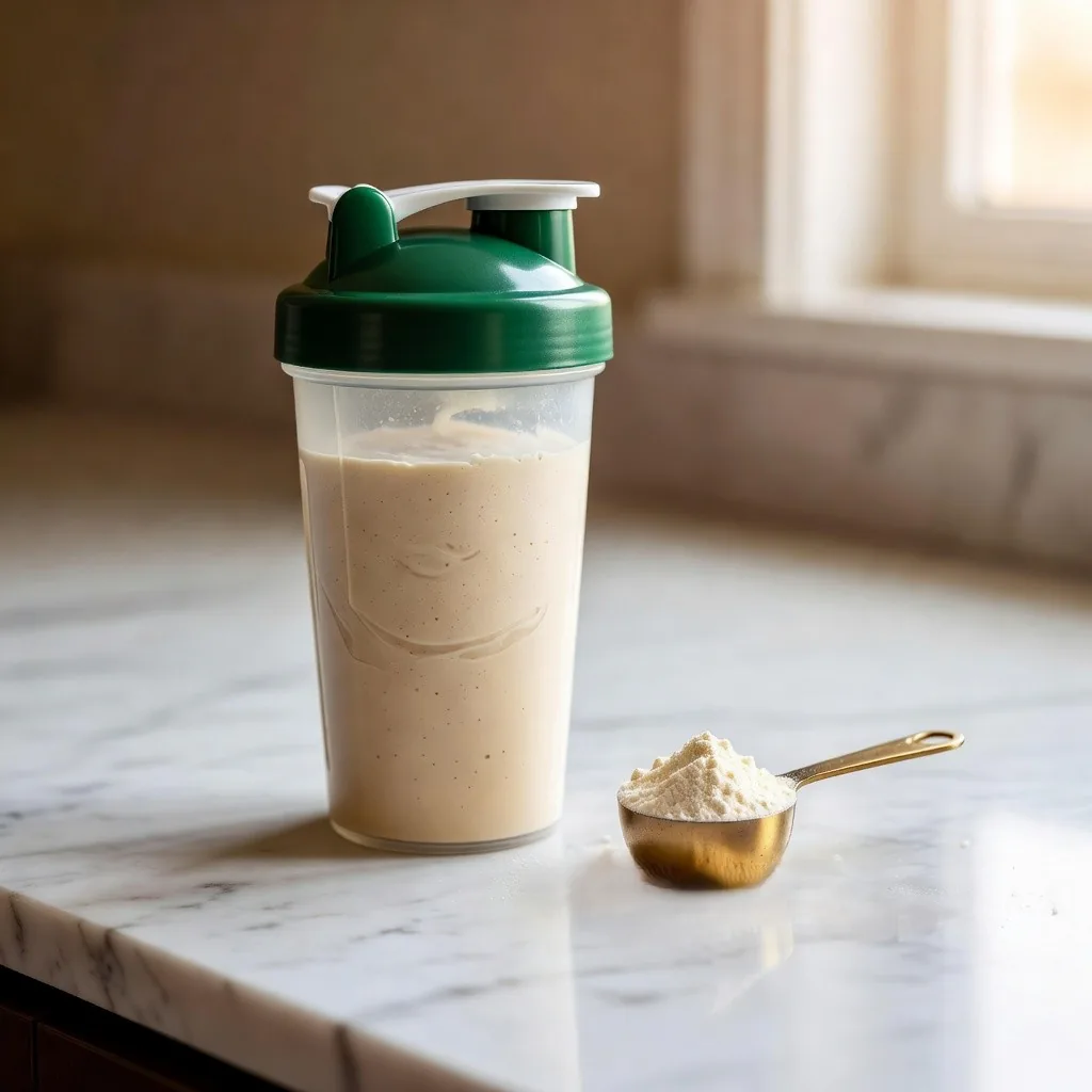 High-protein dry-blend beverage shaker with soy protein isolate powder