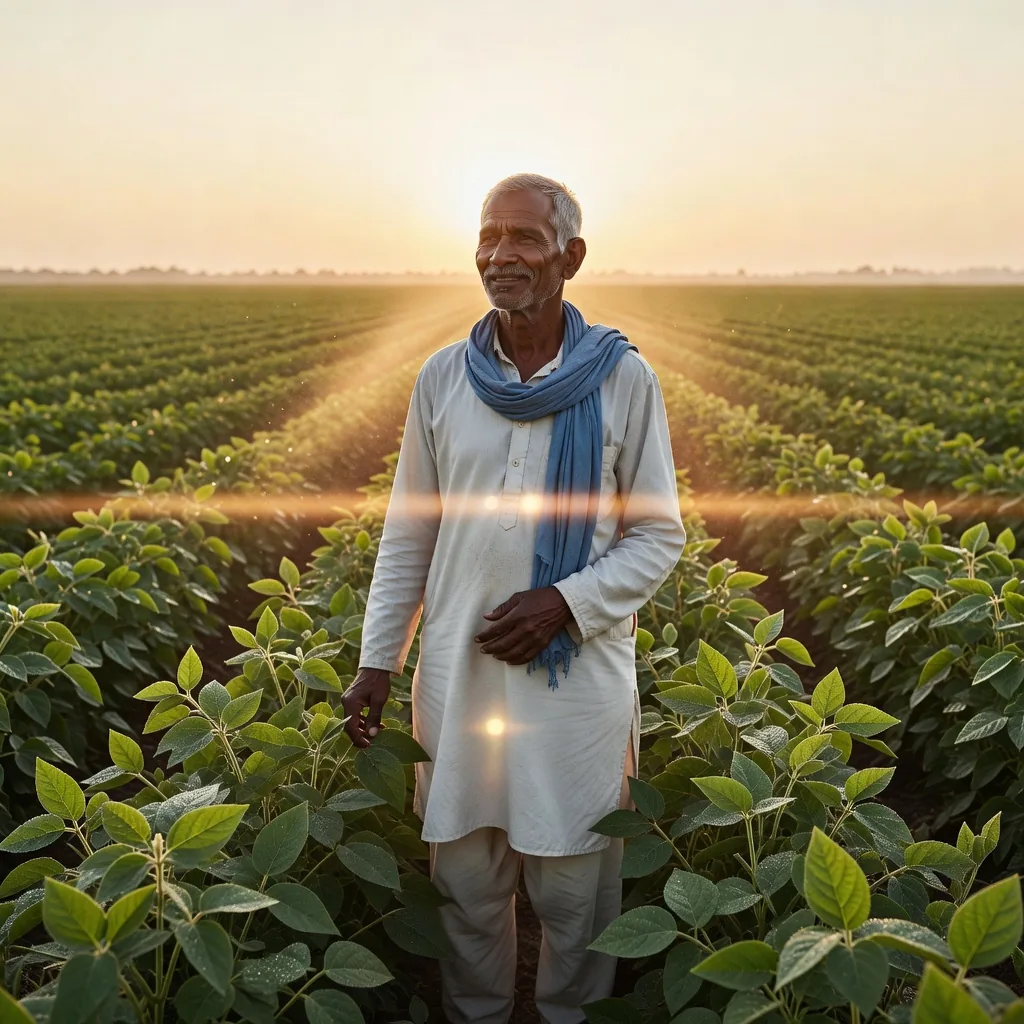 Indian soybean farmer in field — Fytomax responsible sourcing through Mahyco's contract farming network
