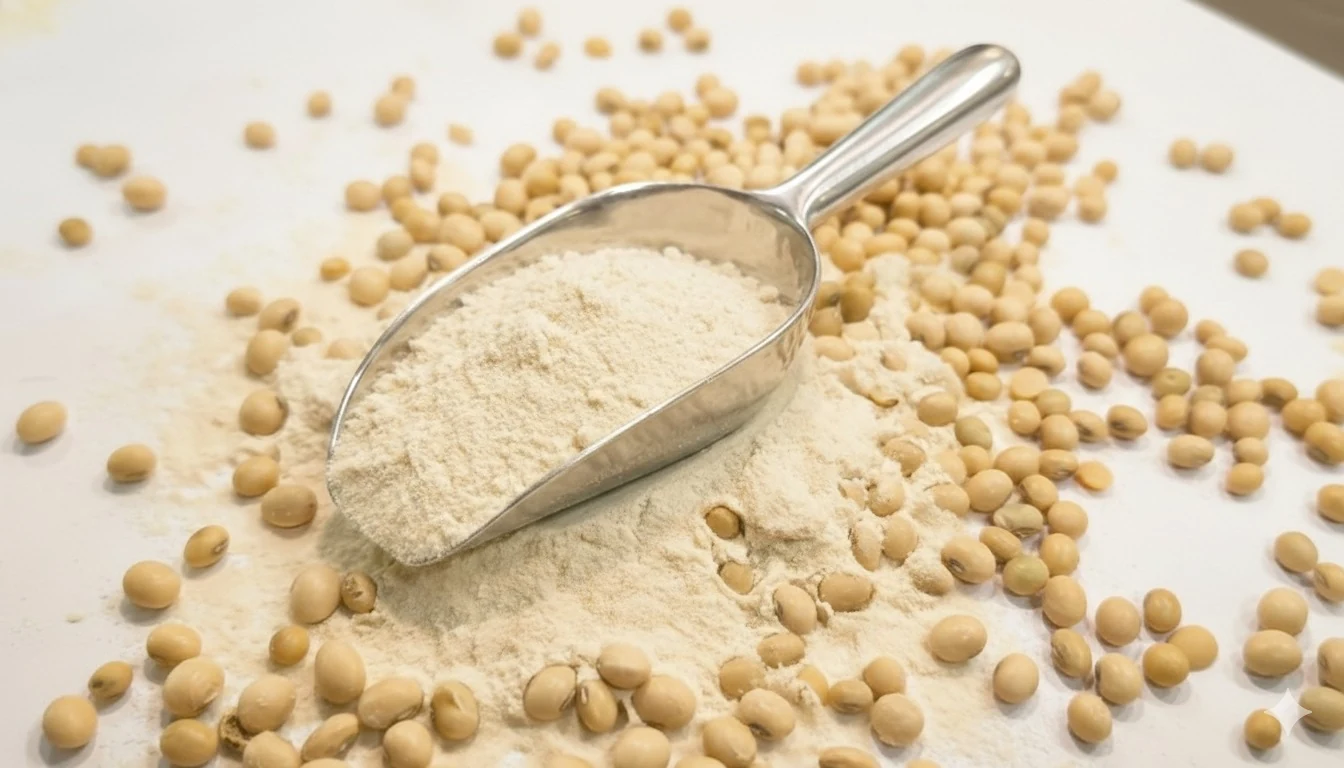 Metal scoop of soy protein isolate powder surrounded by whole soybeans