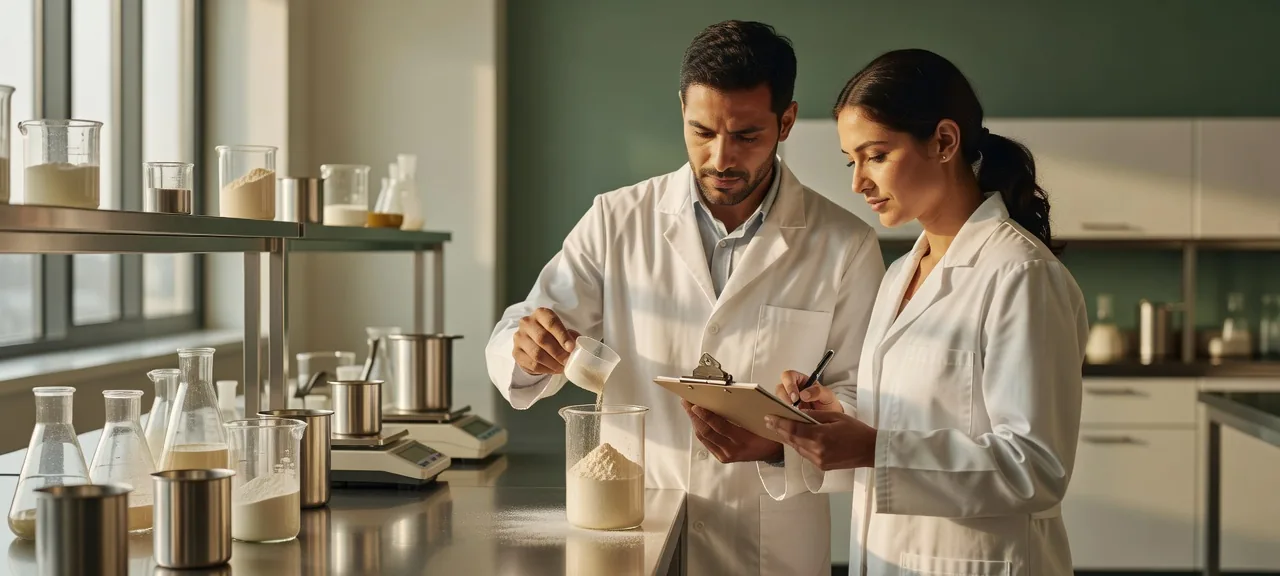 Fytomax food scientists collaborating on plant protein formulation in the lab