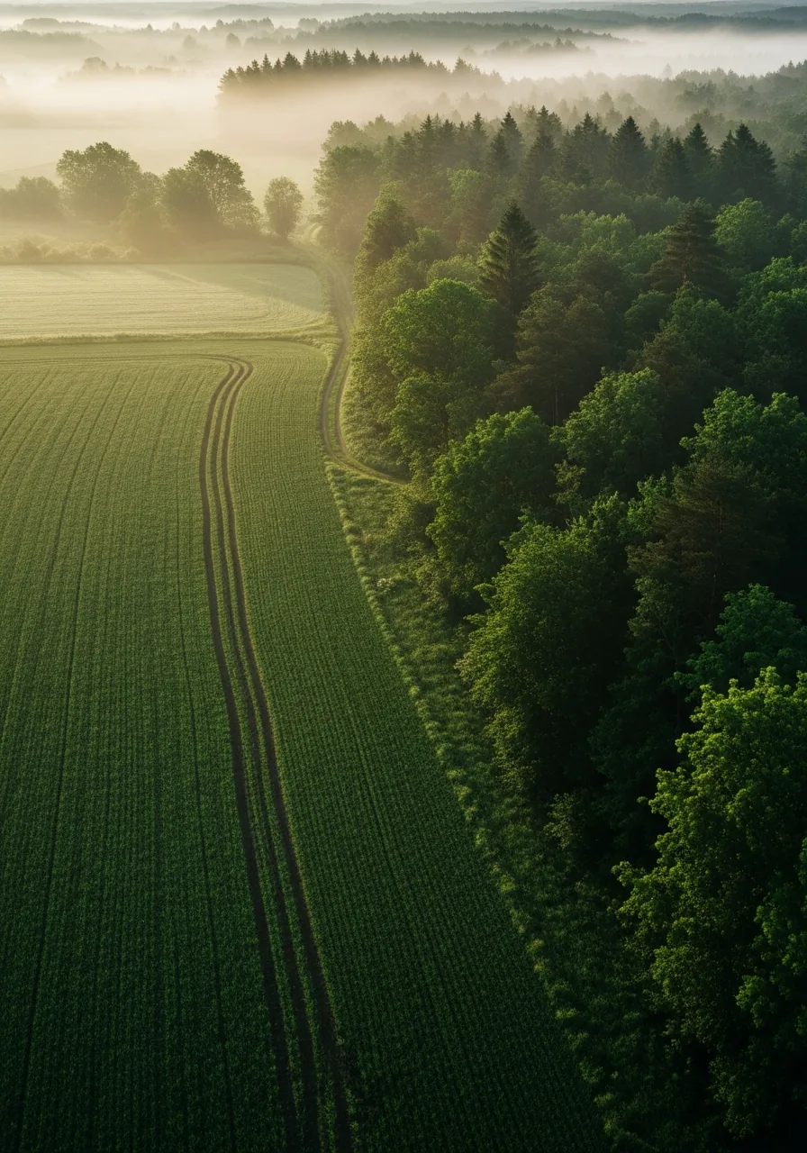 Green farmland bordered by forest — lower-emission plant protein supply chain