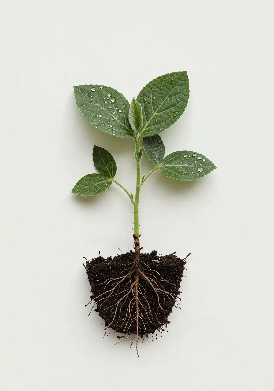 Soybean plant in healthy soil — illustrating resource-efficient plant protein farming